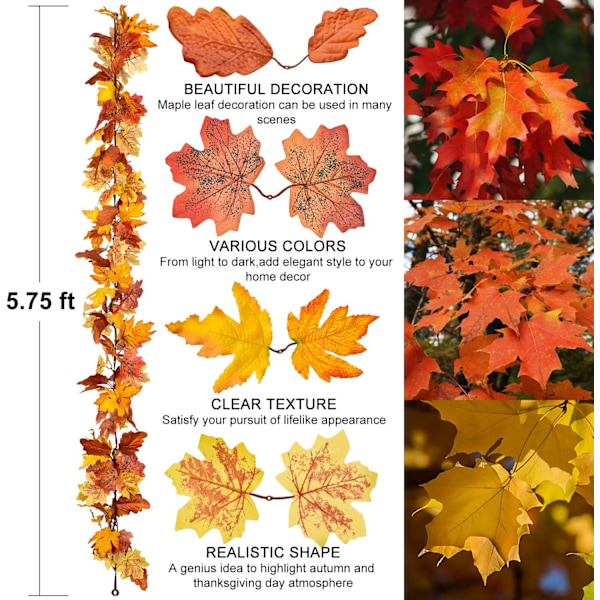 Pakke med efterårsløv guirlande, 5,9ft/stk hængende guirlande kunstige efterårsblade guirlande Thanksgiving dekoration til hjem bryllup pejs Yellow