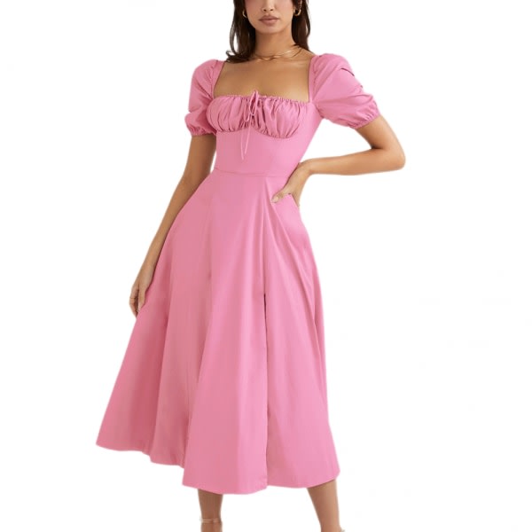 Sommarklänningar för kvinnor Fransk Retro Ensfärgad Fyrkantig krage Fåll Sexig Sida Split Bubble Sleeve Dress (Rosa S)