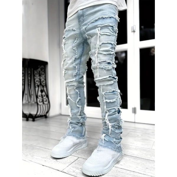 Kreativ duskdekorasjon Jeans med rett passform, jeansbukser for menn, middels stretch, gatestil denimbukser.