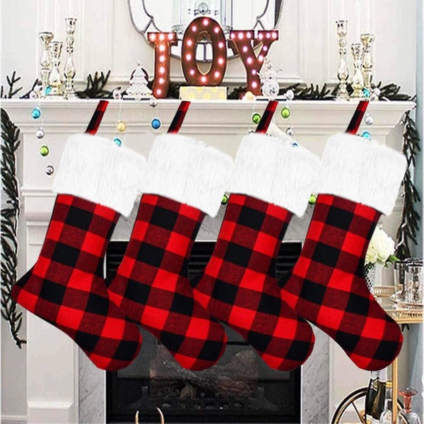 Julstrumpor - 4-pack 18\" Buffalo Plaid Julstrumpor med vit plysch Fau* pälsmanschett Familj Jul Fest