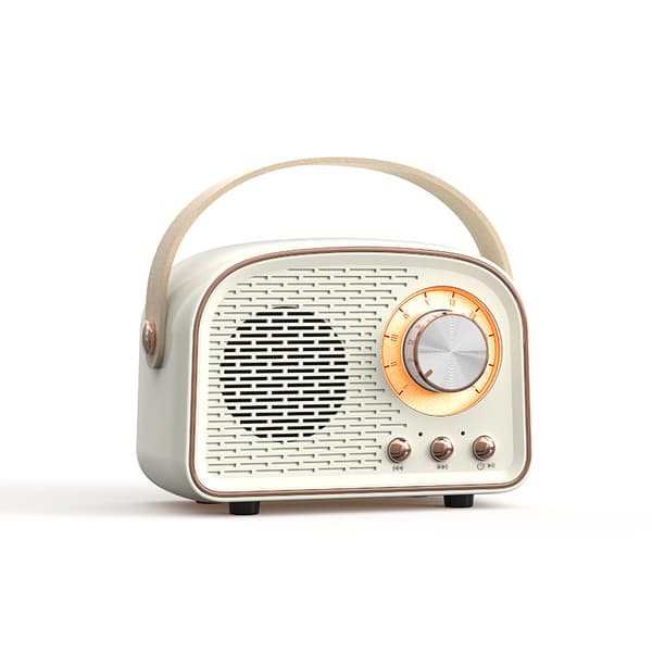 Bærbar Bluetooth-høyttaler i vintagestil, mini trådløs lydenhet, hvit retrodekor