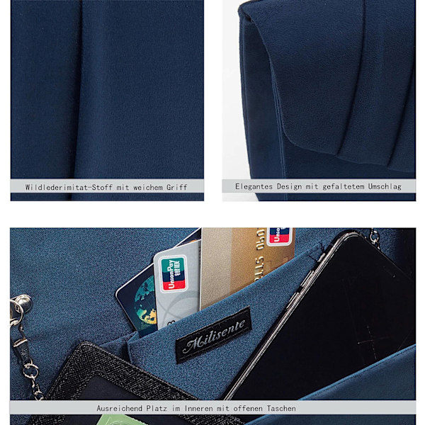 Clutch för kvinnor, elegant mocka-kuvertväska för kvällen, blå, crossbody