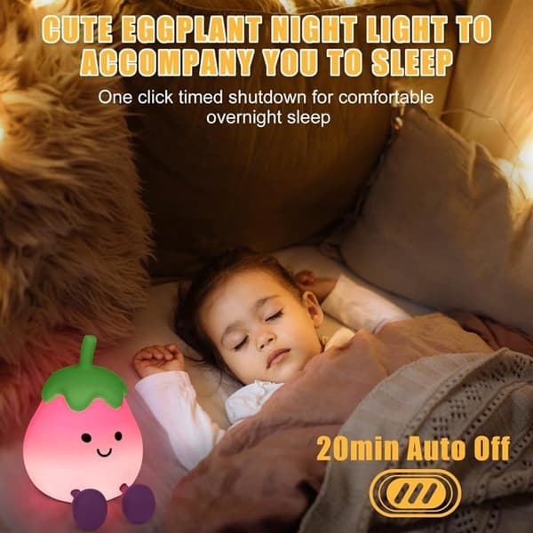 Aubergine Night Light for Kids, Kawaii Night Light for Kids with Timer Function, Rechargeable Silicone Night Light for Kids
