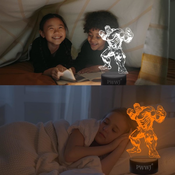 WJ 3D-nattlampa, leksakspresent till pojkar, 3D-illusionslampa, färgskiftande LED-acryl RGB-lampor för fans, sovrumsinredning Hulken