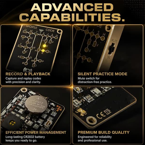 Morse Code Trainer Card Pro, Portable Interactive LED Telegraph Trainer with Signal Buttons, Audiovisual Feedback & Recording/Playback Function