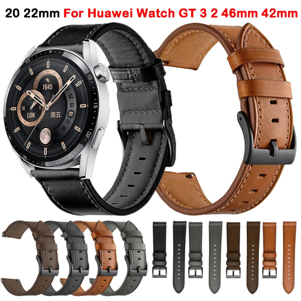 20 22MM Armband Läderrem För Huawei Watch GT 3 2 GT3 GT2 Pro 46mm 42mm Honor Magic Smart Watch Band Armband Armband Läder Grå Leather Gray For Huawei GT2 46mm