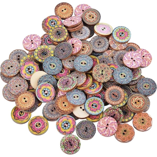 Galaxy 100 Pcs Painted Flowers Wooden 2-Hole Buttons DIY Sewing Crafts 20mm (Random Style)