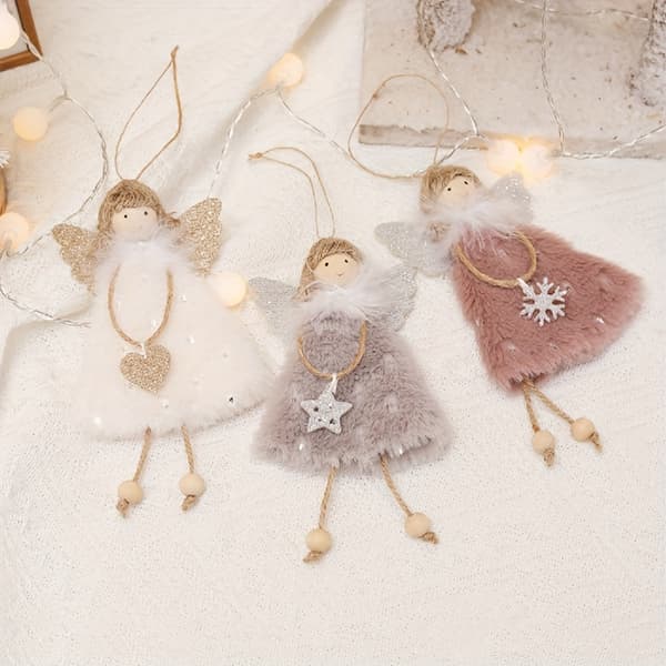 3 stk juleenglepyntsett - Festlige trehengende dekorasjoner White+Pink+Grey