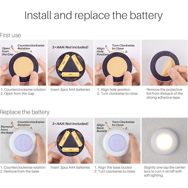 Tap Light Push Lights, Klistra på LED Touch Puck Lights AAA Batteridrivna, Tryck Spot Lights Inomhus (2.8 tum, Varmvit, 5-pack)