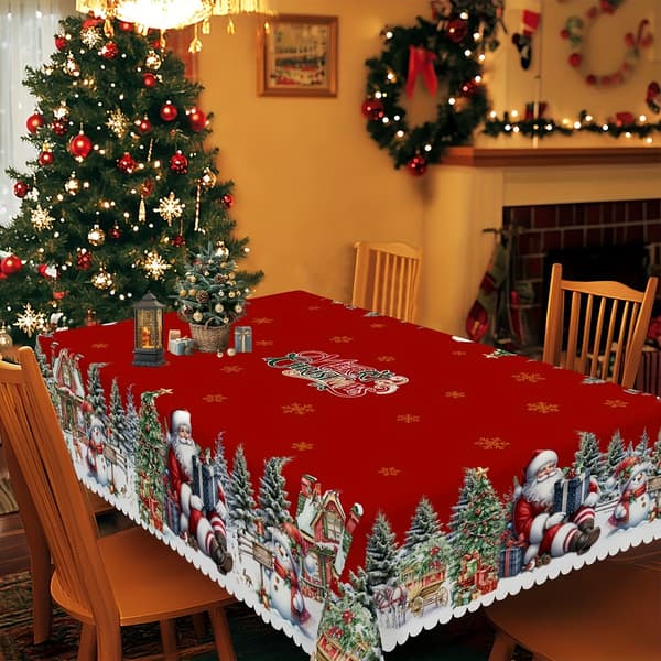 Julduk, jultomte, snögubbe och julgransmönstrad duk, julduk, rektangulär duk
