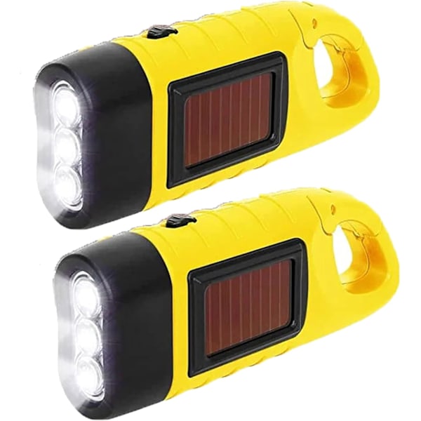 2 kpl Solar LED -taskulamppu Käsikäyttöinen Lyhty, Vedenkestävä Taskulamppu Hätävalo Ulkoilu Kannettava Leirintälamput Karabiinikoukkujen kanssa (Keltainen) yellow