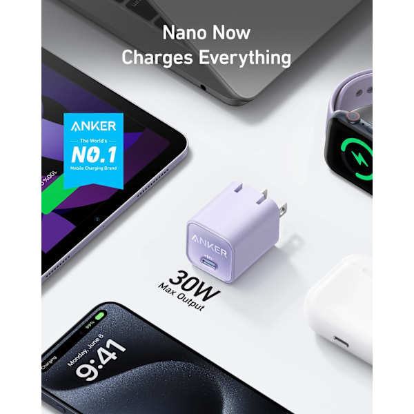 Lader, USB C GaN Lader 30W, PIQ 3.0 Foldbar PPS Rask Lader for iPhone 16 / 15 og flere serier, Galaxy, iPad, Kompatibel med MagSafe (lilla) purple