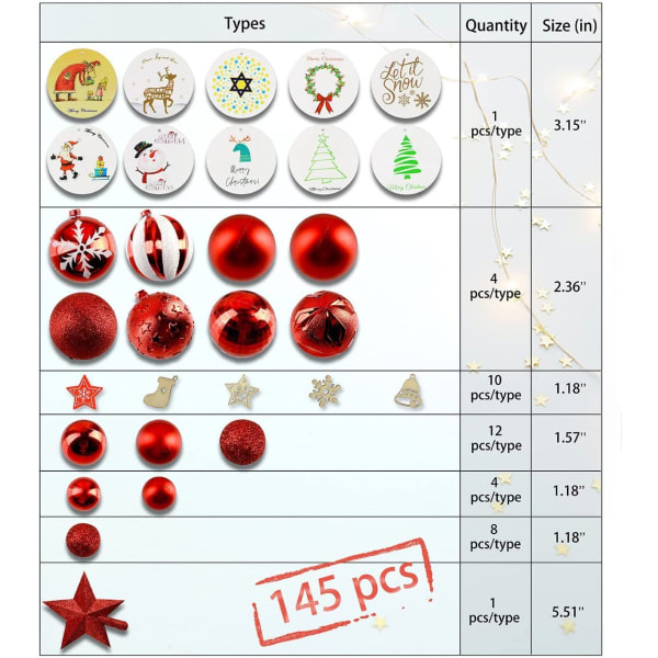 145-pack röda och vita julgranskulor - sprängsäkra julgranskulor i plast Juldekorationer - gnistrande glitter julgranskulor
