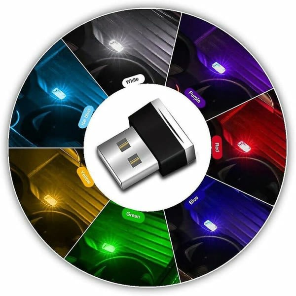 USB Led Mood Lampe Til Bil Interiør, 7 Mini USB Led Lamper 5v Plug In Til Bil Interiør.