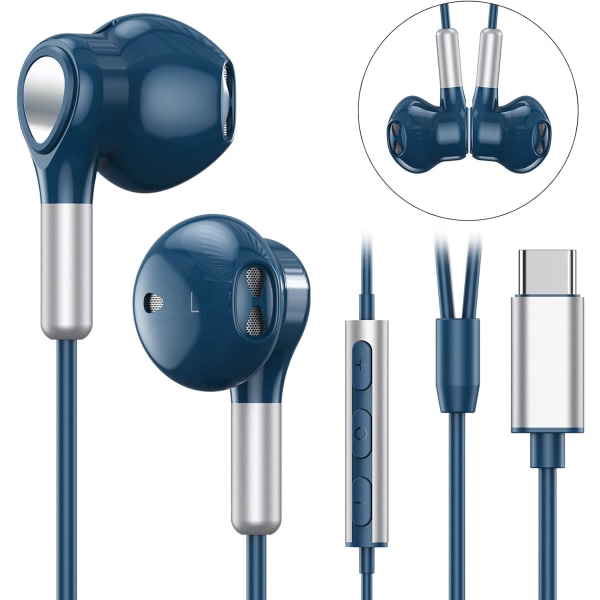USB C hörlurar för Samsung Galaxy S23 Ultra S22 S21 FE S20 A53 A54 USB C hörlurar Blue
