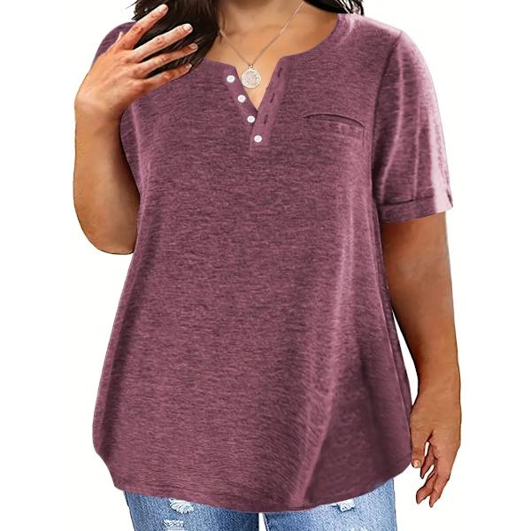 Plus Size T-skjorte med knappestolpe og korte ermer, Kvinner Plus Lett Stretch Casual Tee