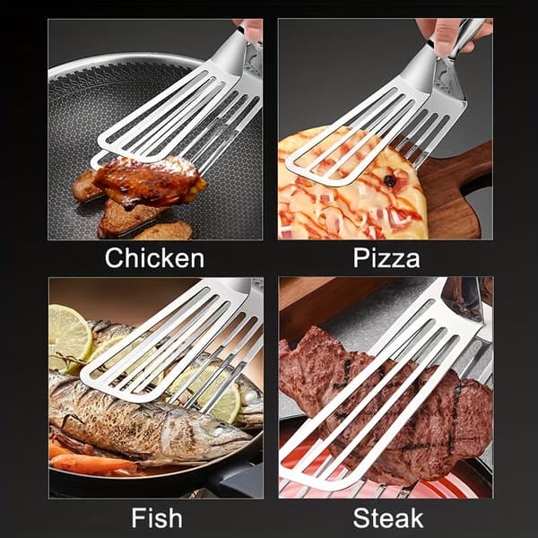 Rustfrit stål dobbelt-sidet spatel og tang, skridsikkert greb til at vende, dreje, grille, stege og bage
