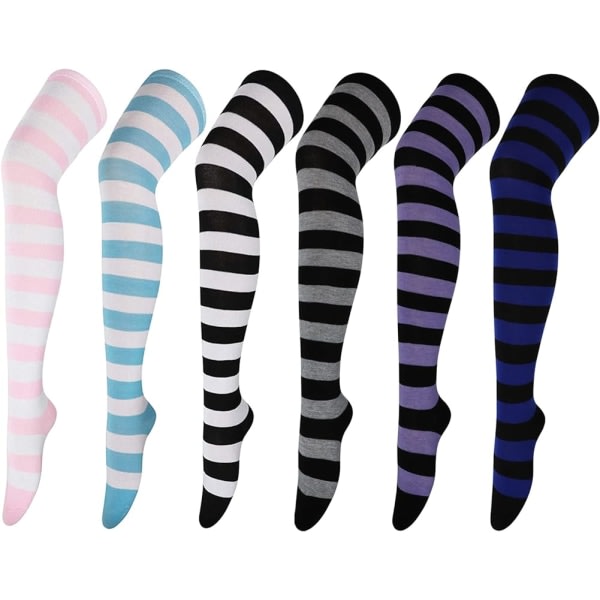 6 par lårhøje sokker stribet over knæet Tynde tights lange