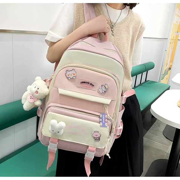 5 stk. Kawaii rygsæksæt med bjørnevedhæng, skoleartikler, søde kanin-pins, stor lærreds-skolepose med stofpose (pink)