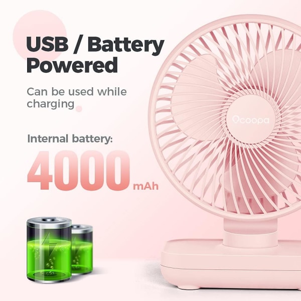 USB-bordvifte, 4000 mAh oppladbart batteri, bordvifte 4 hastigheter, 5 tommers mini bærbar vifte, med sterk luftstrøm stille drift pink