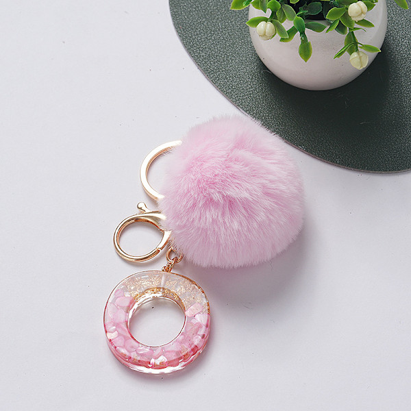 Nøkkelring Rosa Pompom Ball Nøkkelring med 26 bokstaver Harpiks Nøkkelringer O