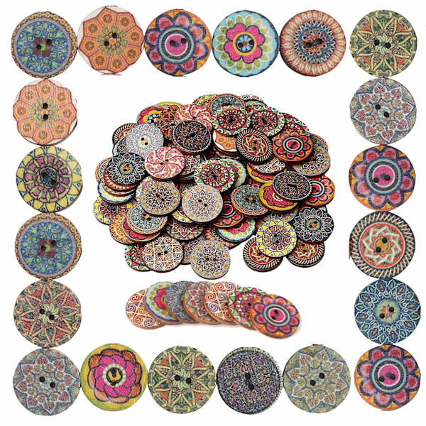 50 stk Treknapper, 2,5 cm Vintage Runde Knapper Geometriske Knapper Blomsterknapper med 2 Hull for DIY Klær Salg Sy Strikking Håndverk