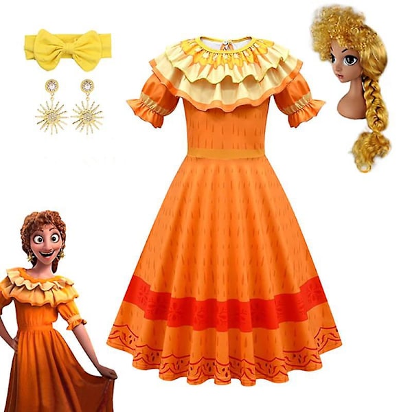 Disney Mirabel Isabela Kostym för Flickor Prinsessklänning Kostym Cosplay Encanto Karneval Födelsedagsfest Krans Kläder Väska Charm Röd Ed 5-6T (120)