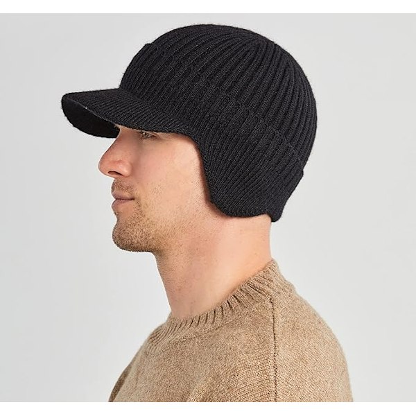 Miesten talvihattu lämpimällä vuorella, miesten neulottu fleece-hattu, miesten lämpimät talvihatut korvasuojuksilla ulkoiluaktiviteetteihin, musta