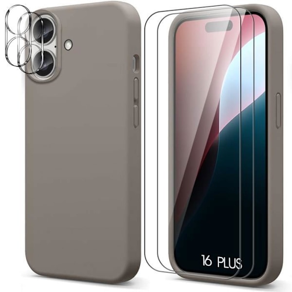 iPhone 16 Plus -kotelo, harmaa nestemäinen silikoni + 2 karkaistua lasia ja 2 takakameran suojaa