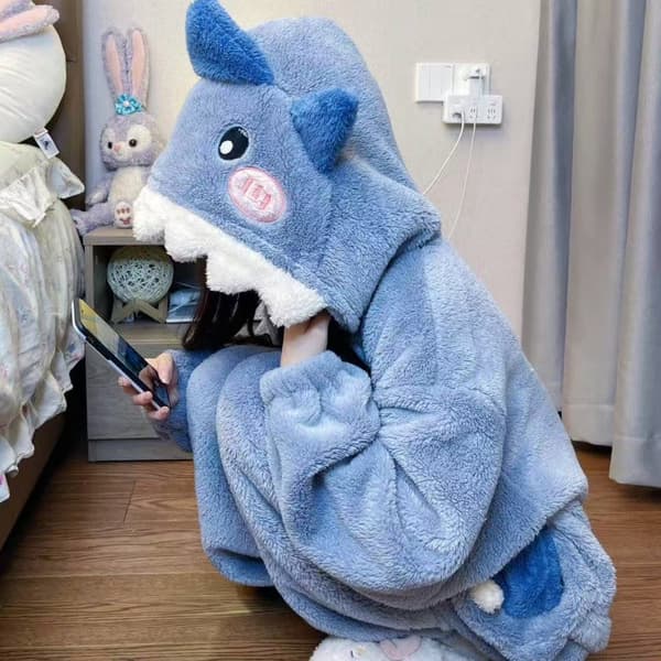 Sød haj-onesie til kvinder i koralfleece – varm og blød pyjamas til efterår og vinter shark bodysuit XL (130-145 lbs)