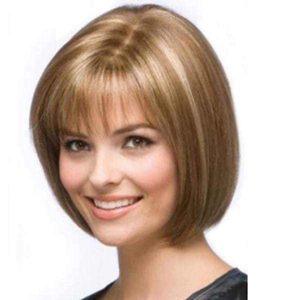 Light blonde wig with flat bangs, short straight wig for women, classic synthetic wig for daily party use