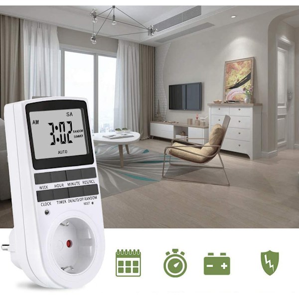 1 x Digital Timer Ur, Timer Stikkontakt Digital Stikkontakt med Stort LCD Display og 10 x Programmerbare Programmer og Tilfældig Anti-Tyveri Digital Timer