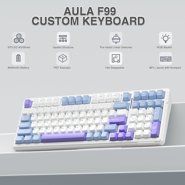 Mekanisk Speltangentbord, BT5.0/2.4GHz/USB-C Bytbar Anpassat Tangentbord, Förlurade Brytare RGB-Tangentbord för PC/Tablett/PS/Xbox, Blå & Lila