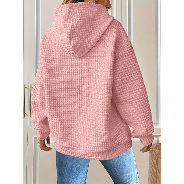 Waffle Grid Hoodie med Känguruficka - Mysig Långärmad Tröja med Snodd för Kvinnor