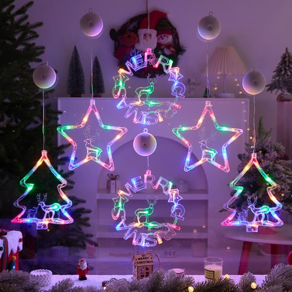 LED Julevindueslys med Sugekop, Stjerne Træ Rensdyr, Timer Blinkende, Varm eller Farverig Warm colors Five-pointed star (timed flashing)