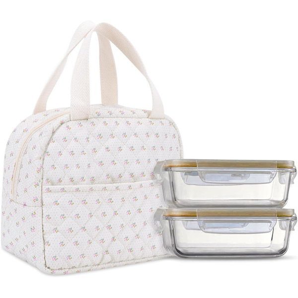 Söt Lunchbox för Kvinnor, Quiltat Lunchväska, Blommig Lunchväska för Kvinnor med Framficka Lunchbox Behållare Kylare Väska för Arbete