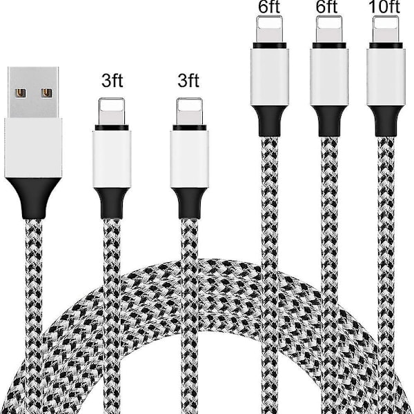 5-pakks iPhone-ladekabel Lightning 10ft1 6ft2 3ft2 Flettet iPhone-kabel Datasynk Overføringskabel C