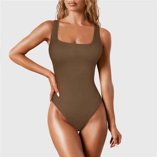 Body Shapewear til kvinder, Tummy Control Thong Body Shaper, Sømløs Ribbet Jumpsuit med firkantet hals, T-ryg, Ensfarvet Sexet Jumpsuit, Kaffe Coffee M