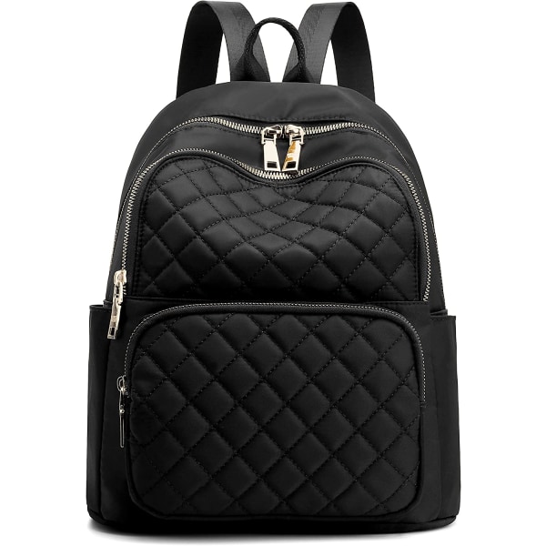 Ryggsäck för kvinnor, Nylon Reseryggsäck Handväska Svart axelväska Liten Casual Daypack för flickor (svart vadderad)