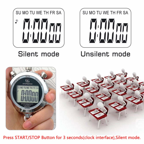 Stopur, 1/100 sekunders præcision 2 minder Daglig vandtæt med lysfunktion og lydløs tilstand til udendørs sport løb
