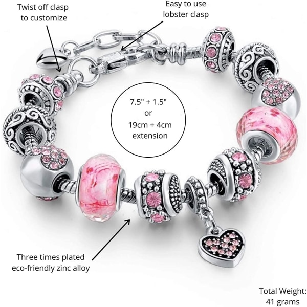 Rosa hjerter sølvbelagte sjarmarmbånd for kvinner og tenåringsjenter, smykkegavesett med perler og slangekjedeforlenger, justerbart armbånd.