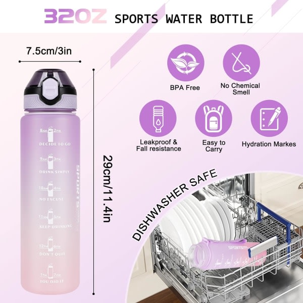 Vesipullot 1L BPA-vapaa urheilujuomapullo oljilla, astianpesukoneen kestävä kansi, vuotamaton motivoiva vesipullo, jossa aikamerkit