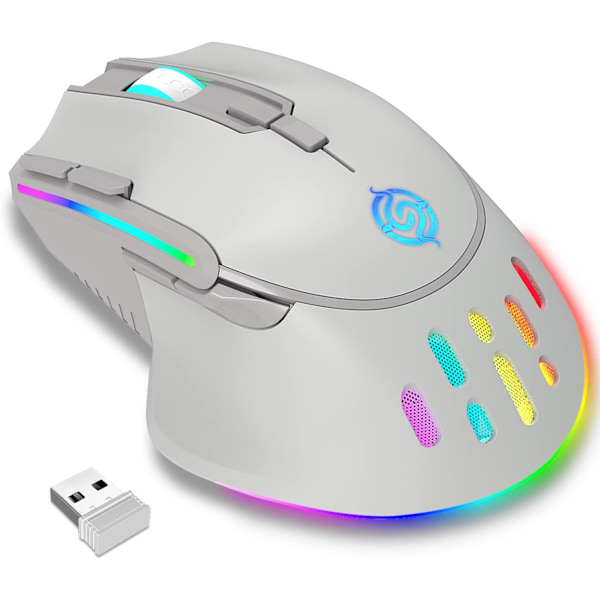 Trådløs Gaming Mus, Trådløs og Kablet Dual Mode Genopladelig RGB Gaming Mus med 9 Knapper, Ergonomisk og 3 Justerbare DPI (Hvid)