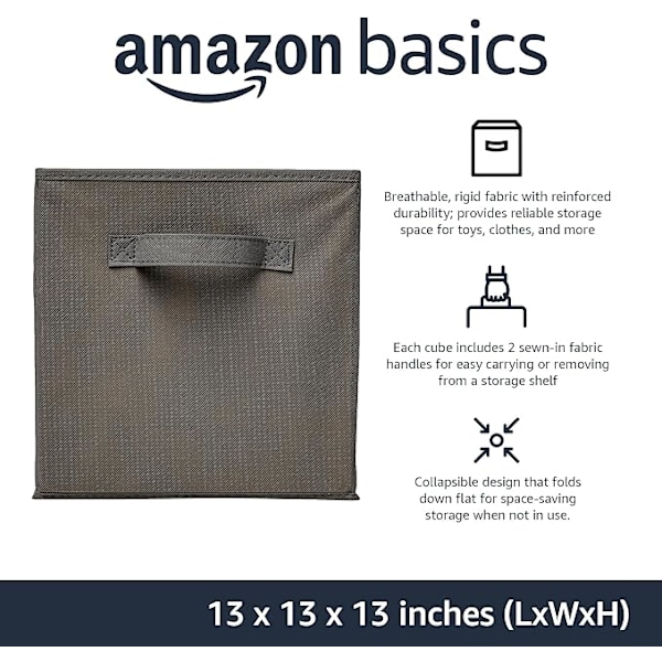 Amazon Basics kokoontaitettavat kangaskorit säilytyskuutiot kahvoilla, tukevat, harmaat, 33 x 33 x 33 cm, 3 kpl