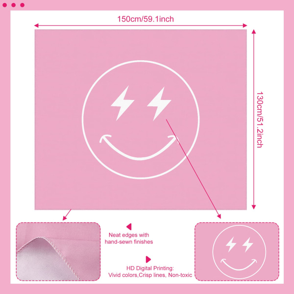 Pink Smile Face Tapestry - Sød Preppy Tapestry til Soveværelse Teen Girl Preppy Room Decor Æstetisk Vægtapet til Teen Girls, 59 x 51 Tommer