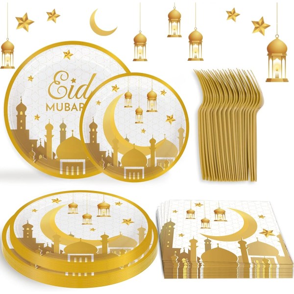 Eid Mubarak dekorationer för hemmet 24 portioner med festivalpapperstallrikar, desserttallrikar, servetter
