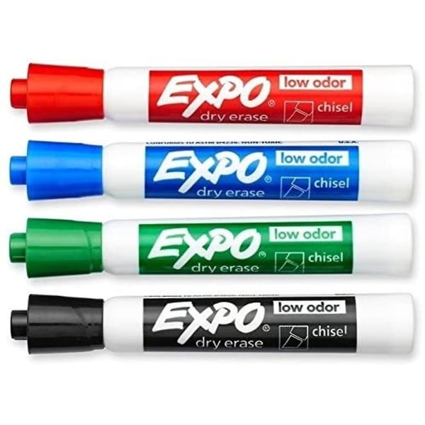 Expo Low-odor Chisel Point Tørrslett Markørsett, Designet for Whiteboards, Glass og de fleste ikke-porøse overflater, 4 fargemarkører