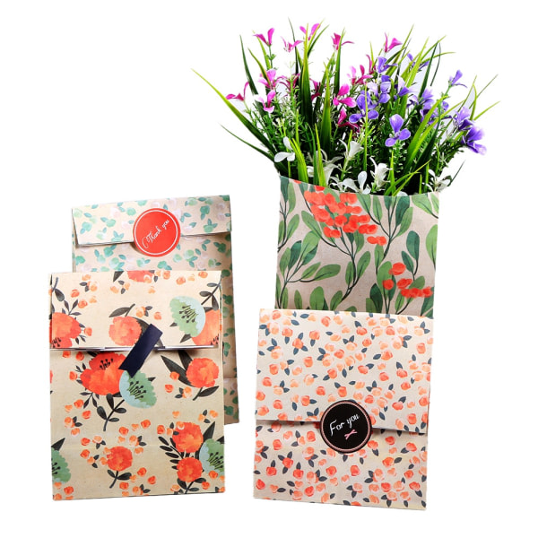 12 STK Blomstermønster Kraft gavepose med klistremerker