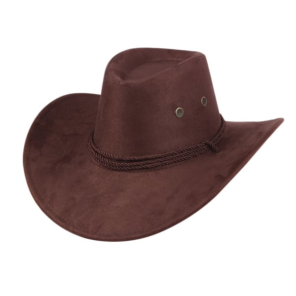 Herre Faux Filt Western Cowboy Hat Fedora Utendørs Bred Bremskjerm Hat med Rem