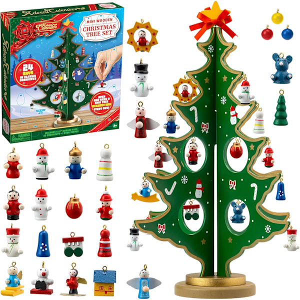 Christmas 24 days countdown advent calendar with a wooden tabletop Christmas tree and 28 ornaments snowman Christmas decorations